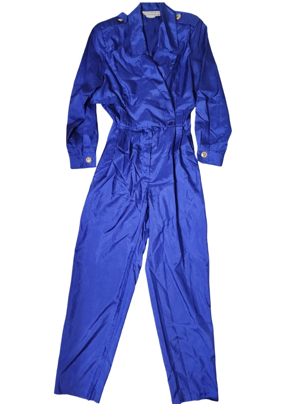 Vtg 80s Joan Walters Electric Cobalt Blue Jumpsuit 6 Petite Tapered Shoulder Pad